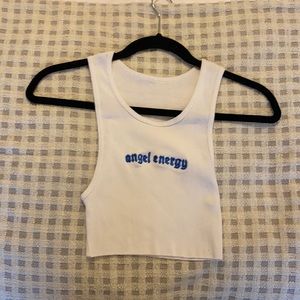 REVICE White Crop Tank with Blue "angel energy" Embroidery